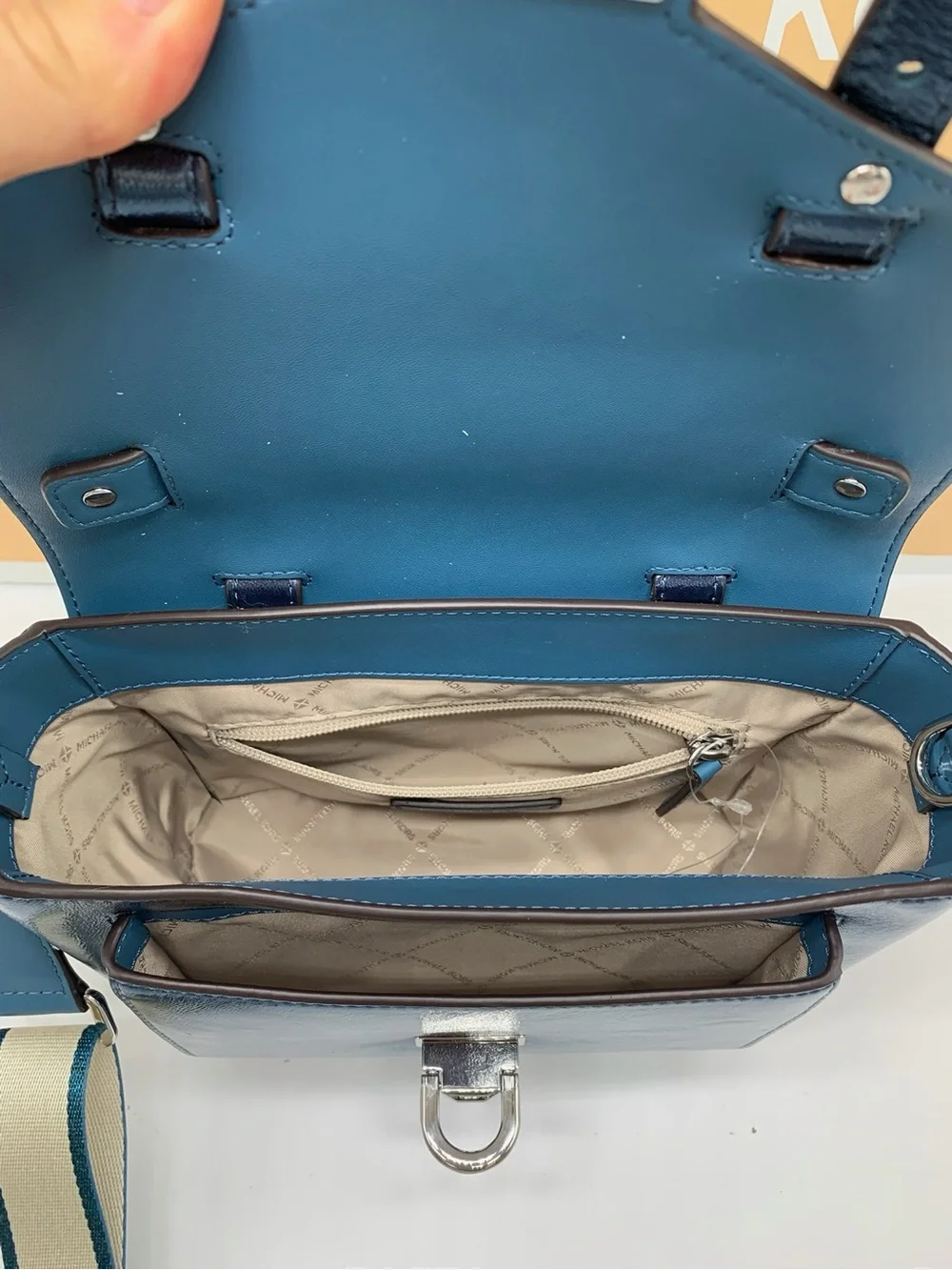 Michael Kors M Metallic TEAL Leather Top-Handle Messenger Bag with Branded Strap
